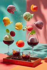 Ice cream scoops float above drinks in glasses, playful colorful summer scene