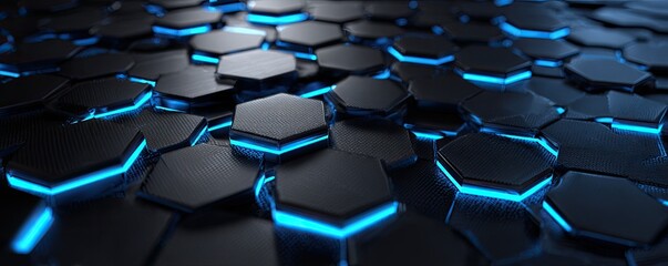 Dark hexagons with glowing blue edges in a dynamic perspective