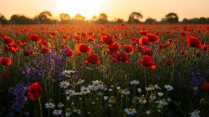 Golden Sunset Glow Over a Field of Red Poppies and Wildflowers.
