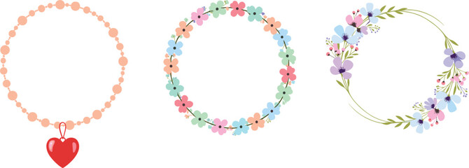 Floral wreath illustration set with pastel flowers leaves and beaded necklace circle frames for decorative design