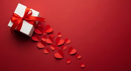 Gift box with red ribbon and paper hearts on red background present white love valentine valentines day romantic celebration holiday