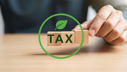 Green Tax Concept with Leaf Symbol and Wooden Blocks.