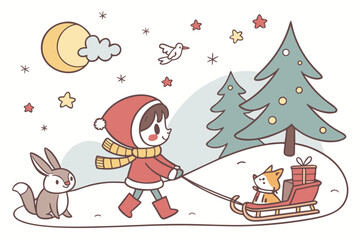Fototapeta premium Cute girl with Christmas tree and sled in fairytale winter landscape with animals