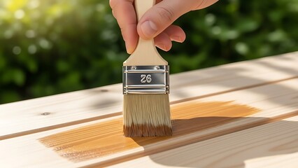 Hand applying wood stain with a brush on wooden planks outdoors.