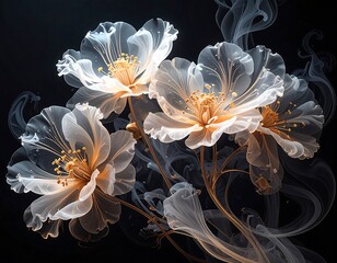 Fototapeta premium Ethereal bouquet of translucent, glowing blossoms with smoke-like tendrils on dark backdrop