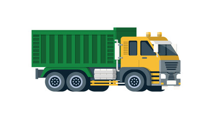 Flat illustration of a large dump truck with a yellow cab and a green cargo bed, designed to transport heavy materials, typically used in construction or industrial settings.
