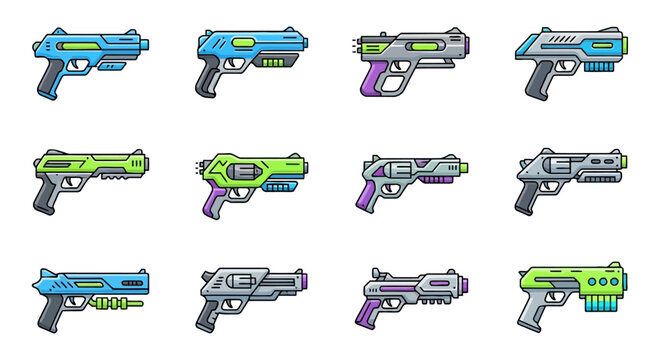 Collection of futuristic sci-fi laser gun pixel art sprites for video games