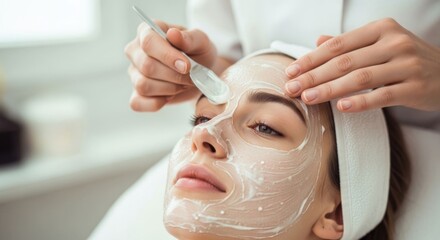Close-up of a woman receiving a cosmetic facial cream mask treatment