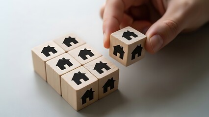 Hand placing a wooden block with a house icon onto a group of blocks.