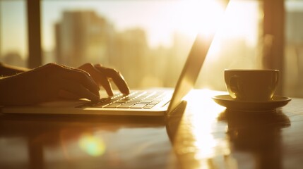 Two hands collaborating over laptop and coffee on wooden desk with golden hour backlight, ideal for remote work branding, tech startup visuals, digital collaboration concept, modern office lifestyle

