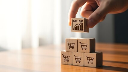 Hand placing a wooden block with a sales growth icon on top of shopping cart blocks.