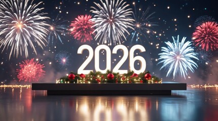 New Year 2026: Fireworks light up the night sky, illuminating the bold numerals of 2026, celebrating the fresh start and opportunities of the year ahead. A symbol of excitement, hope.