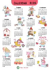 calendar for 2026, Calendar for 2026, new years, little planet, back to school, printable, painting, cute and happy, 12 months, 