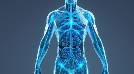 Human Anatomy: A detailed, transparent rendering of the human body highlights the intricate network of blood vessels, organs, and skeletal structure.