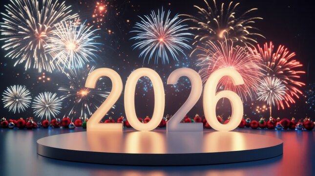 New Year Fireworks in 2026: An illuminated 2026 stands proudly, illuminated in the vibrant glow of a spectacular fireworks display, heralding the arrival of a new year.