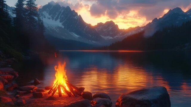 Glistening sunset over a tranquil lake with a campfire in the foreground and majestic mountains in the background