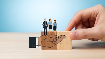 Hand Supporting Miniature People - Business Support and Teamwork Concept.