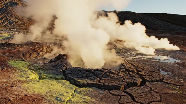 Geothermal fumarole venting steam and sulfur deposits in volcanic landscape