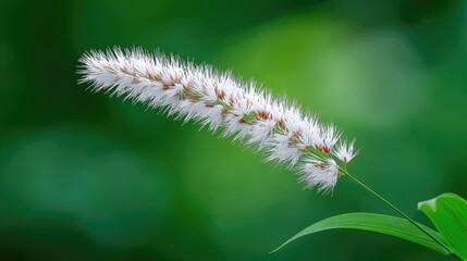 Obraz premium Delicate White Grass Flower with Fluffy Tassels Against a Soft Green Background, Perfect for Nature and Garden Themes