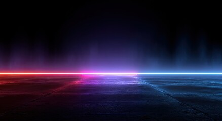 Reflective concrete floor with vibrant red, pink, blue light beams against dark sky