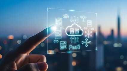 Hand touching cloud computing interface with data icons over city skyline.