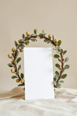 Blank White Card with Green Leaf Wreath Frame