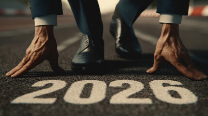 Businessman in starting position on race track marked 2026.