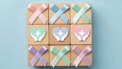 Health and Wellness Tic-Tac-Toe with Ribbons and Symbols.