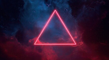 Glowing red triangle over a colorful nebula-like cosmos backdrop