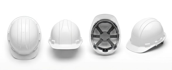 Collection of white safety hard hats from different angles, essential protective gear for construction and industrial work