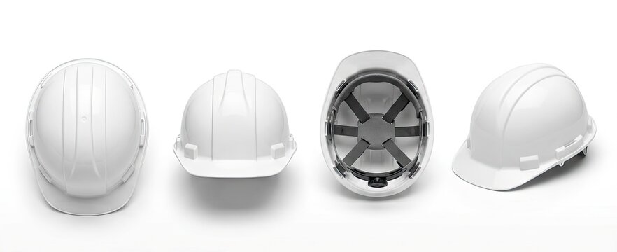 Collection of white safety hard hats from different angles, essential protective gear for construction and industrial work