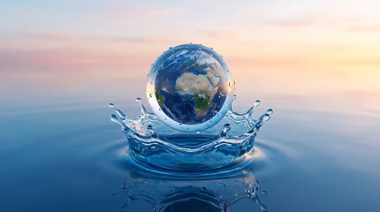 The globe floats on the surface of the water