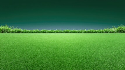 Obraz premium Lush Green Grass Field Under Bright Blue Sky with Vibrant Green Shrubbery on Horizon for Nature Themes and Outdoor Activities
