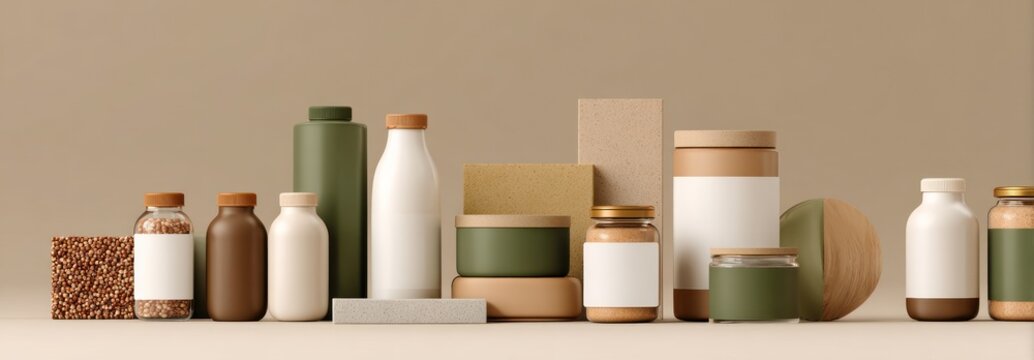 Assortment of various bottles and jars with blank labels on neutral background