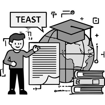 Student stands by a document with a globe and graduation cap symbolizing education and global learning with a speech bubble that says TEAST and stacked books representing knowledge