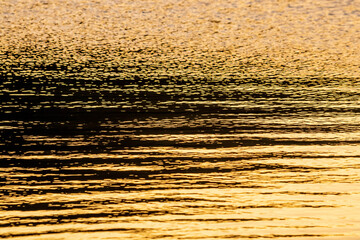 Close up of the golden ripples on the surface of water at sunset
