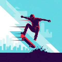 Obraz premium Dynamic illustration of a skateboarder performing a trick against a stylized urban backdrop, capturing the energy of extreme sports