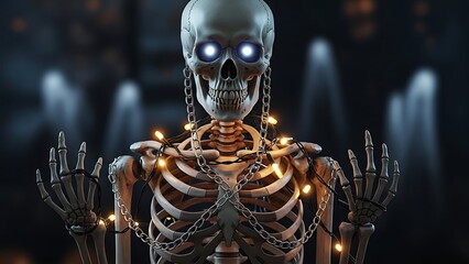 Illuminated Skeleton with Glowing Eyes and Chains in Dark Setting.