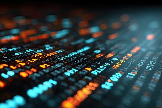 Abstract data stream with glowing orange & blue characters, shallow depth - Powered by Adobe