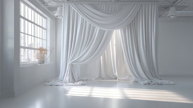Elegant white curtains framing a bright window in a clean studio setting