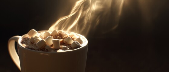 Close-up of hot chocolate with marshmallows in white mug steaming in golden sunlight, ideal for gourmet beverage branding, winter comfort visuals, café menu concept, cozy lifestyle content

