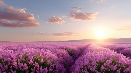 Obraz premium Serene Lavender Field Under a Vibrant Sunset Sky with Fluffy Clouds and Gentle Hills in the Background