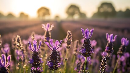 Lavender field at sunrise - a fragrant purple landscape.