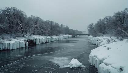 Winter landscape with a partially frozen river, snowcovered trees, and icicles hanging from the banks, bridge in the distance