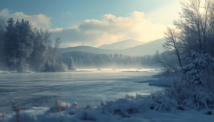 Misty winter landscape with frozen river and snowcovered trees in the background, sunlight breaking through clouds over distant mountains