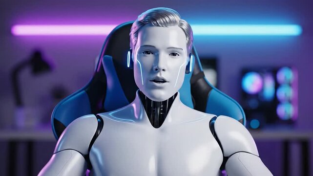 Futuristic Male Android Streamer Talking to Camera in Neon Gaming Room, Webcam View