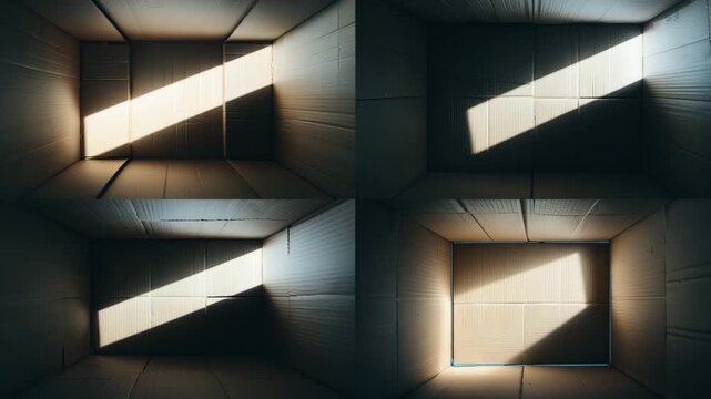 View from inside an empty cardboard shipping box with dramatic sunlight streaming in through an opening, isolated on white 4k video