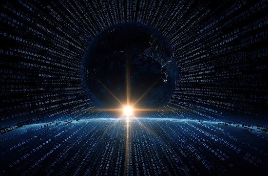 Globe with binary data streams and light flare, futuristic tech vision - Powered by Adobe
