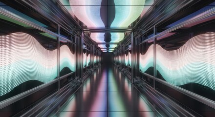 Futuristic interior corridor illuminated by glowing, wave-patterned digital displays