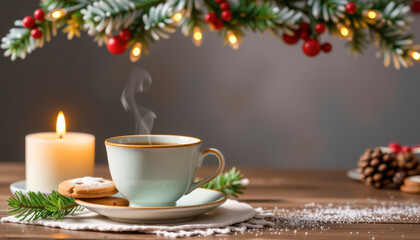 Cozy Holiday Scene with Warm Beverage and Festive Decor